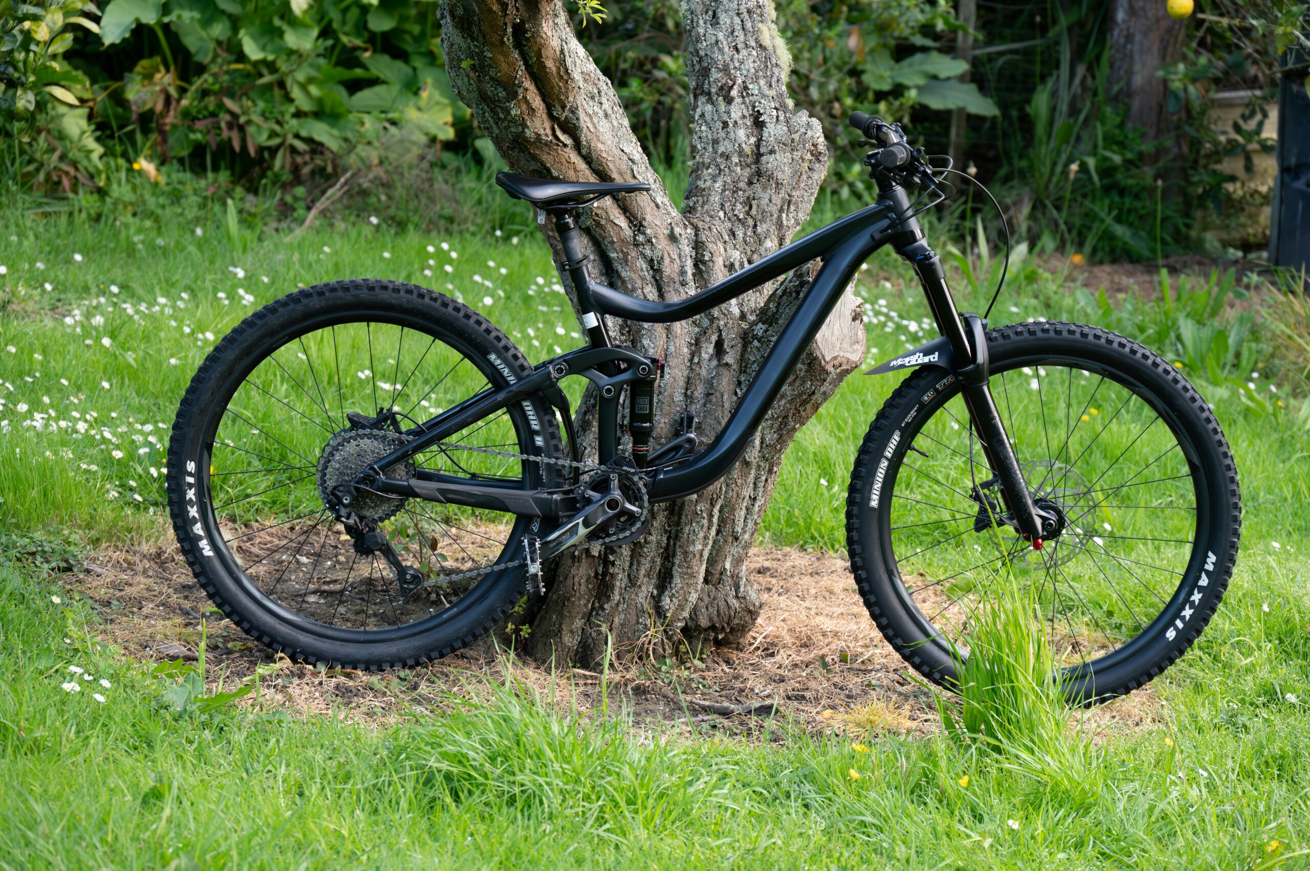 a black mountain bike leaning against a tree